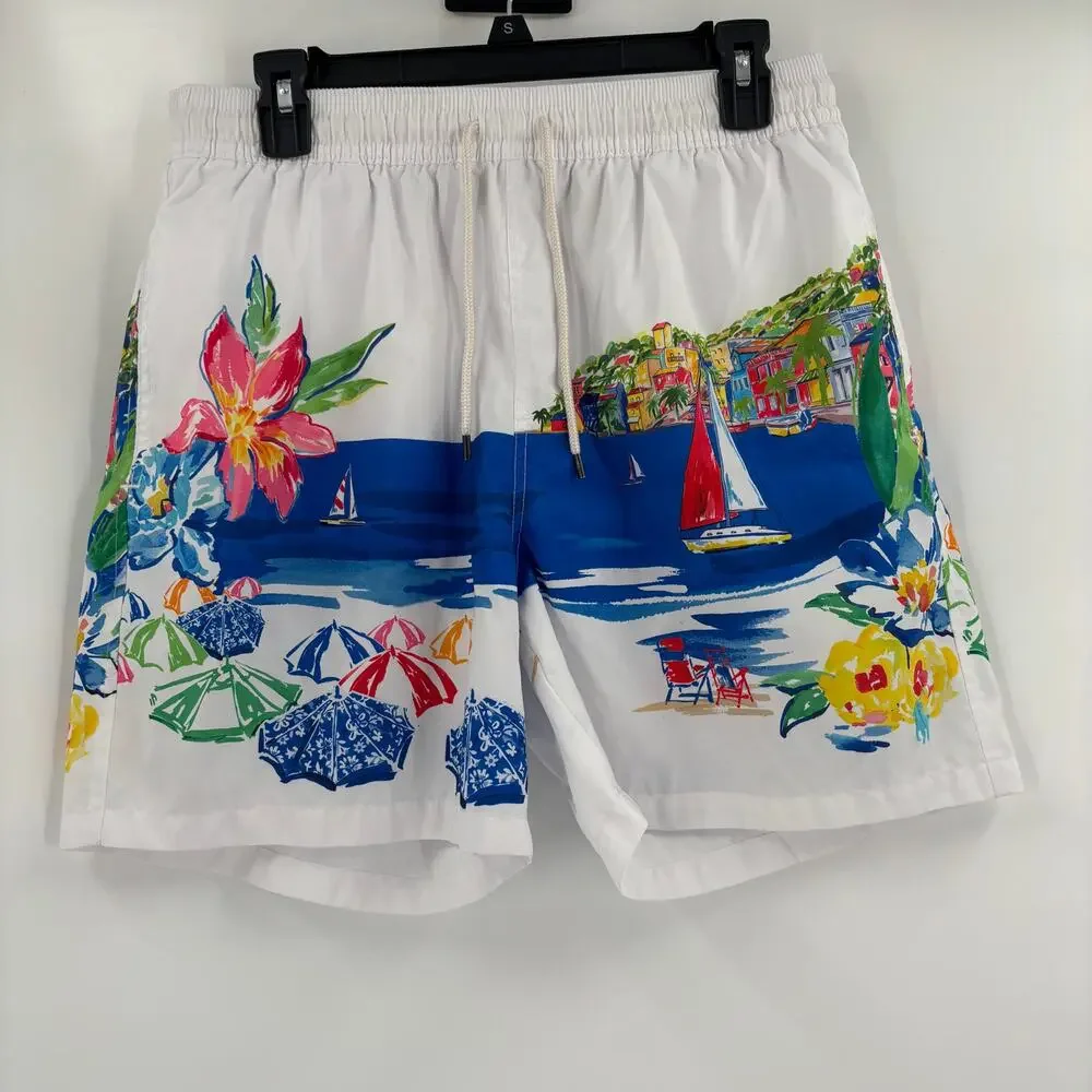 Polo Ralph Lauren Mens Large Multicolor Beach Pattern Stretch Waist Swim Trunks